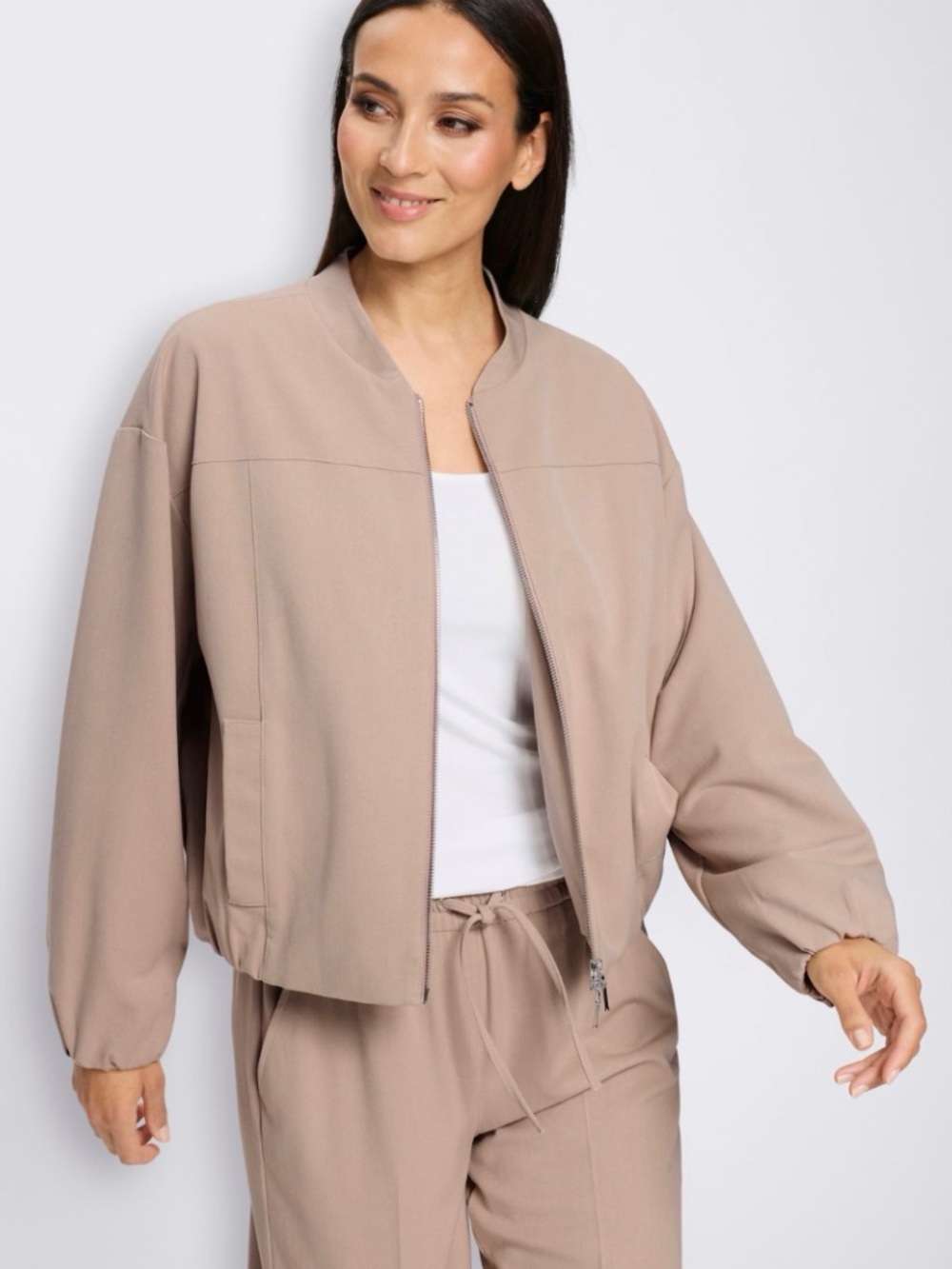 Oak + Fort Taupe Zip-Front Oversized Bomber Jacket